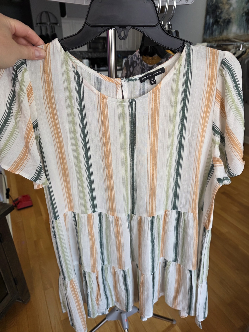 Staccato Striped Tiered Blouse in White, Green & Orange